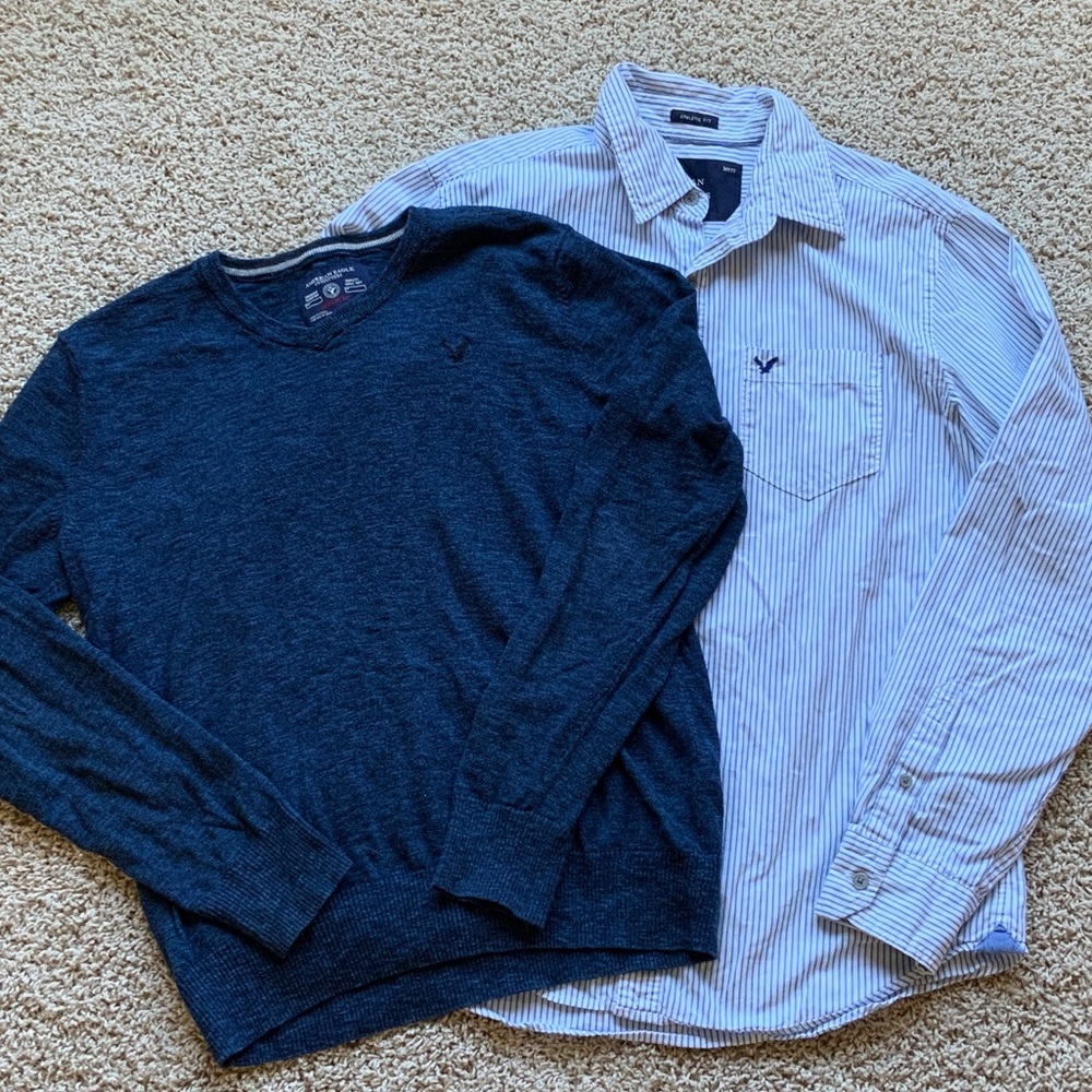 American Eagle Outfitters Blue Sweater and Striped Dress Shirt, Mens Medium